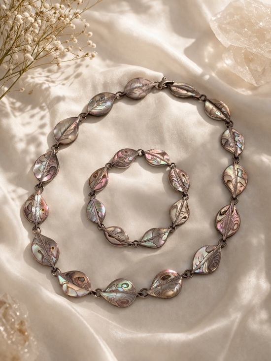 Jewelry - Iridescent Leaf Necklace & Bracelet Set – Vintage Inspired Abalone Shell Jewelry